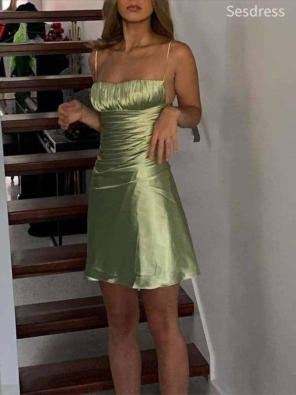 Simple Sage Spaghetti Strap A-line Short Mini Dress Homecoming Dress