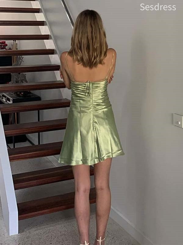 Simple Sage Spaghetti Strap A-line Short Mini Dress Homecoming Dress