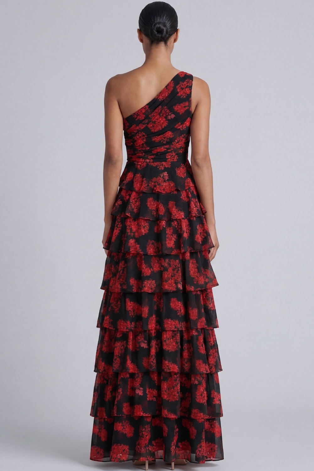 Black & Red Floral One-Shoulder Tiered Chiffon Gown
