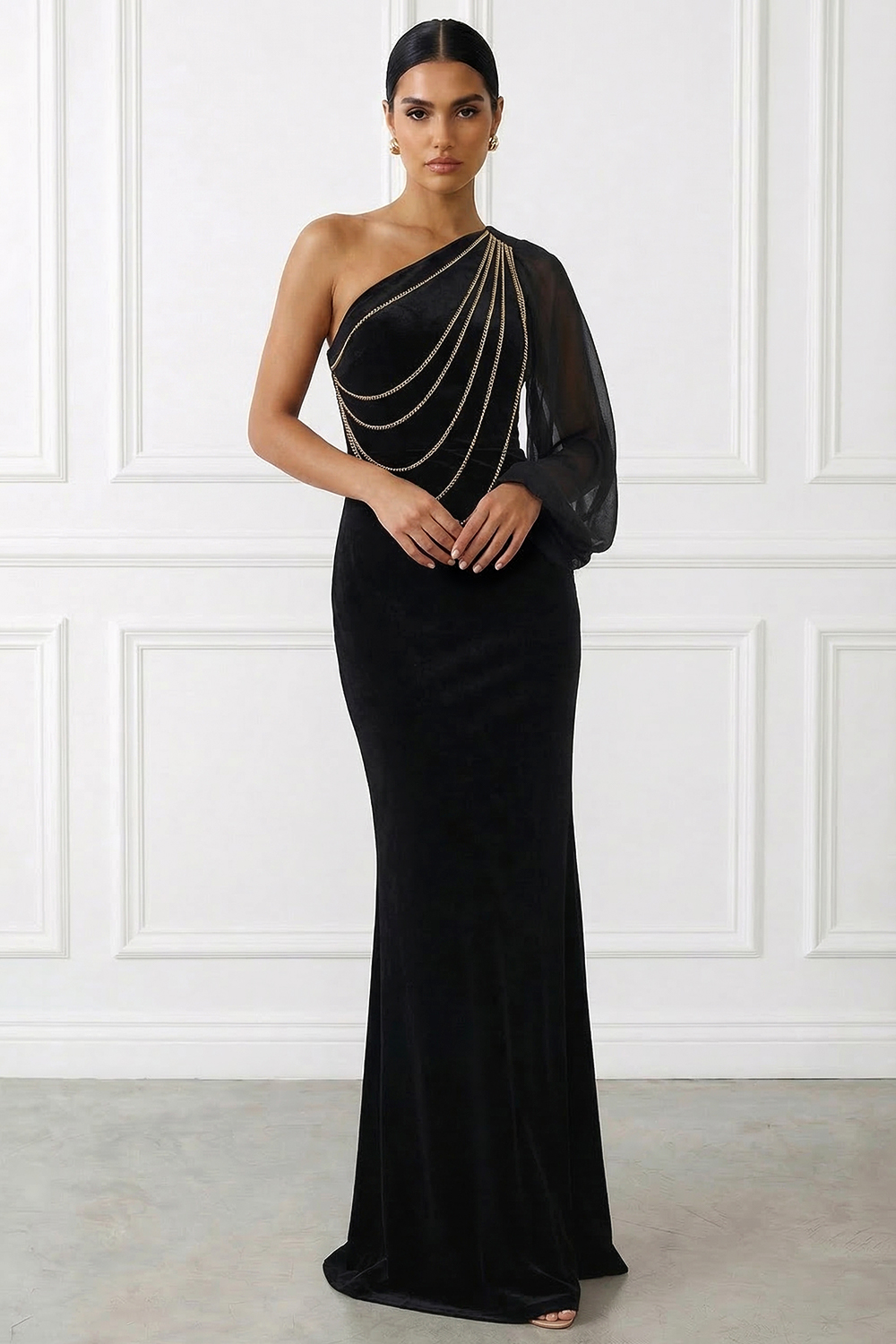 Black Formal Evening Dress Sheath One Shoulder Maxi Dress