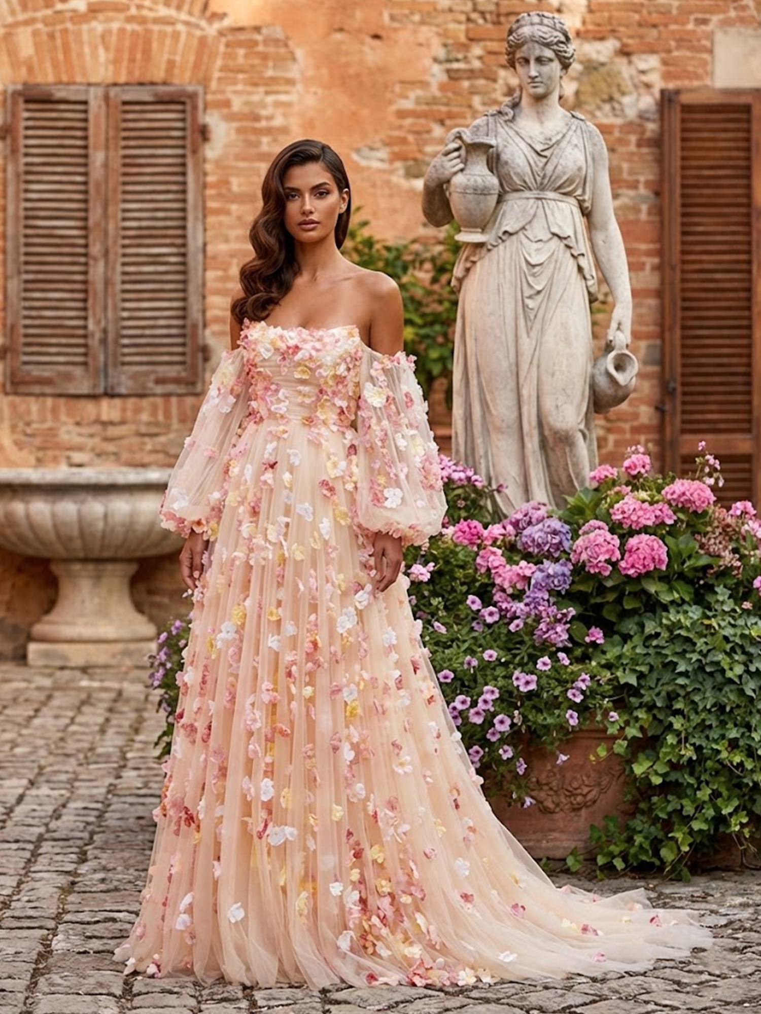 3D Flower Prom Dresses for Teens Puff Sleeves Spring Wedding Guest Dress