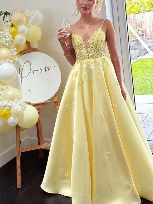 Yellow Spaghetti Straps Lace Applique V Neck A Line Prom Dresses