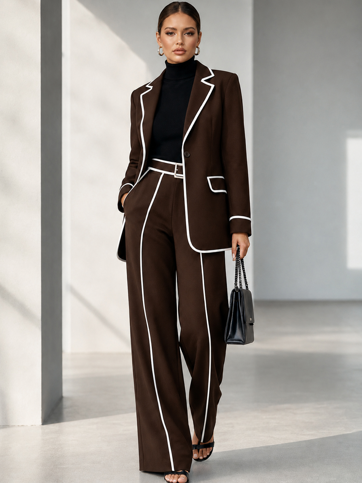 Black Slim‑fit Blazer And Wide‑leg Pants 2‑Piece Suit