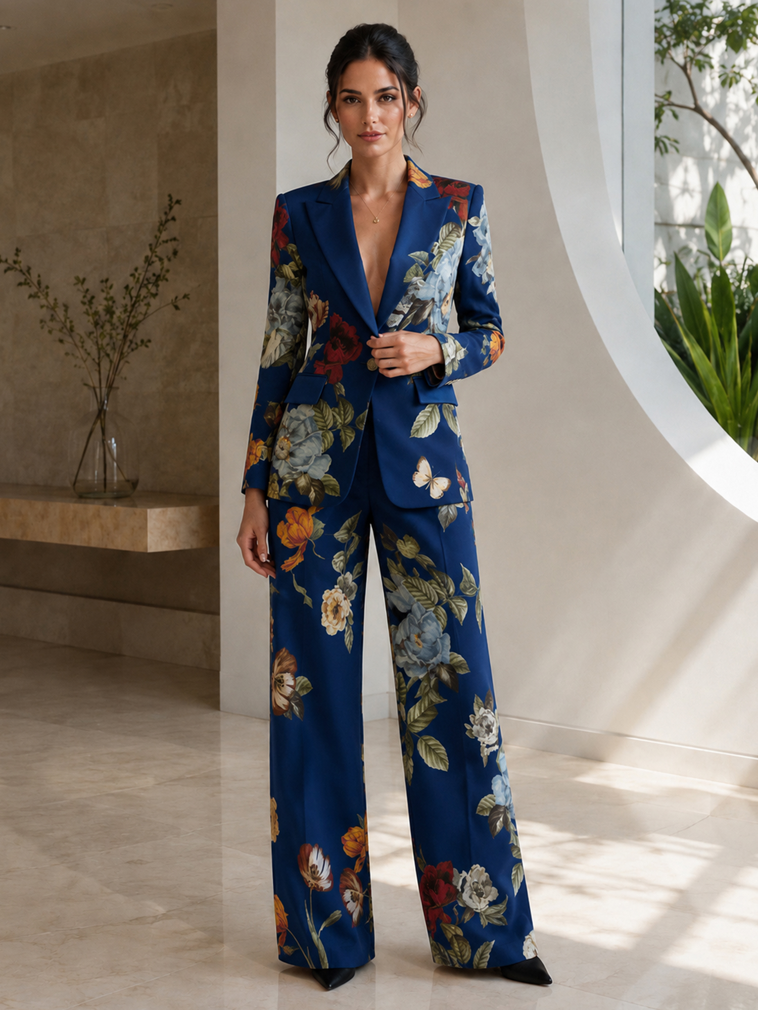 Black Velvet Rose‑print Blazer And Wide‑leg Pants 2‑Piece Suit