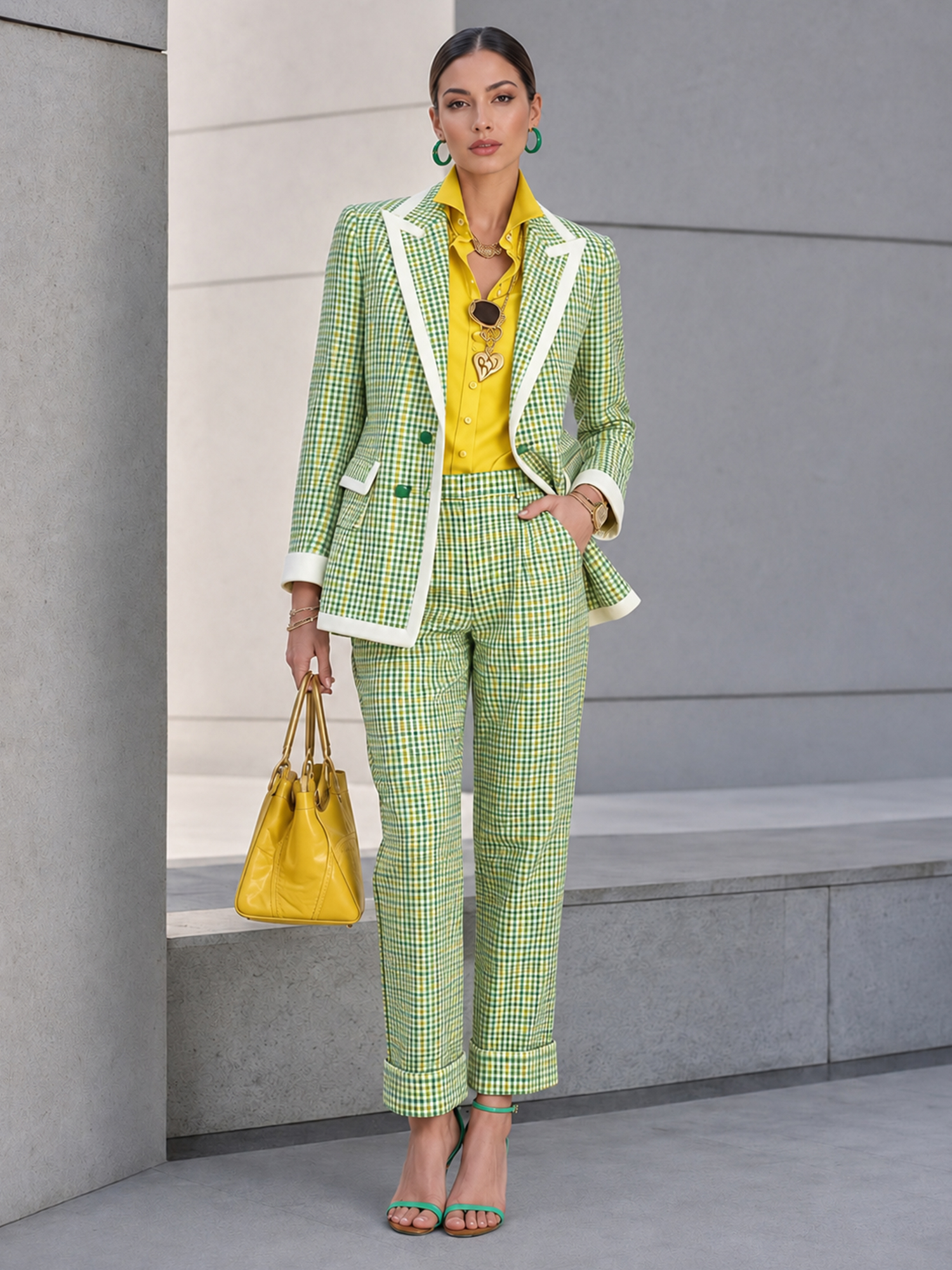 Colorful Plaid Contrast‑Trim Blazer And Cropped Cuffed Pants 2‑Piece Suit