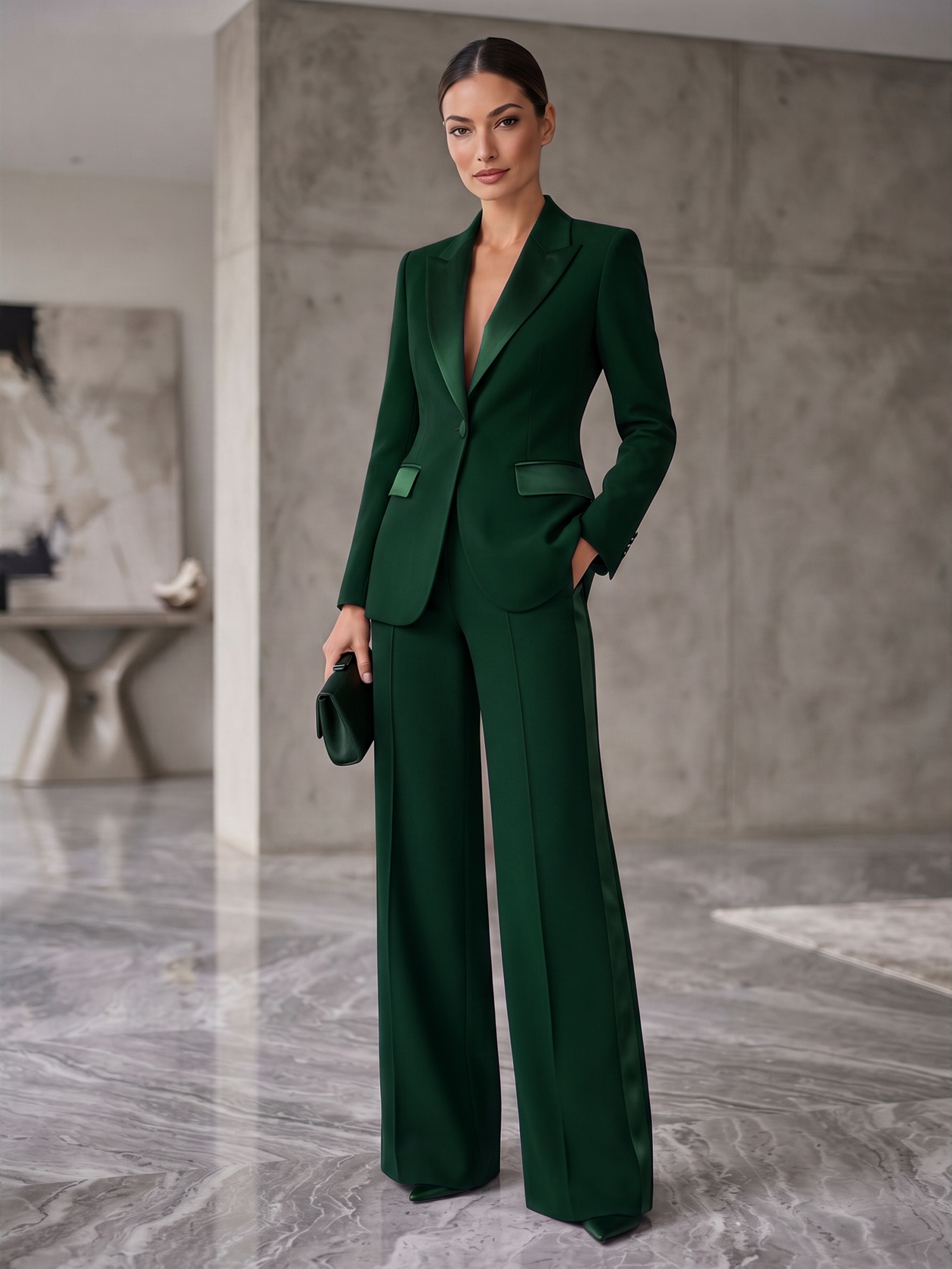 Deep Purple Satin Lapel Single‑Button Blazer & Side‑Stripe Wide‑Leg Pants 2‑Piece Suit