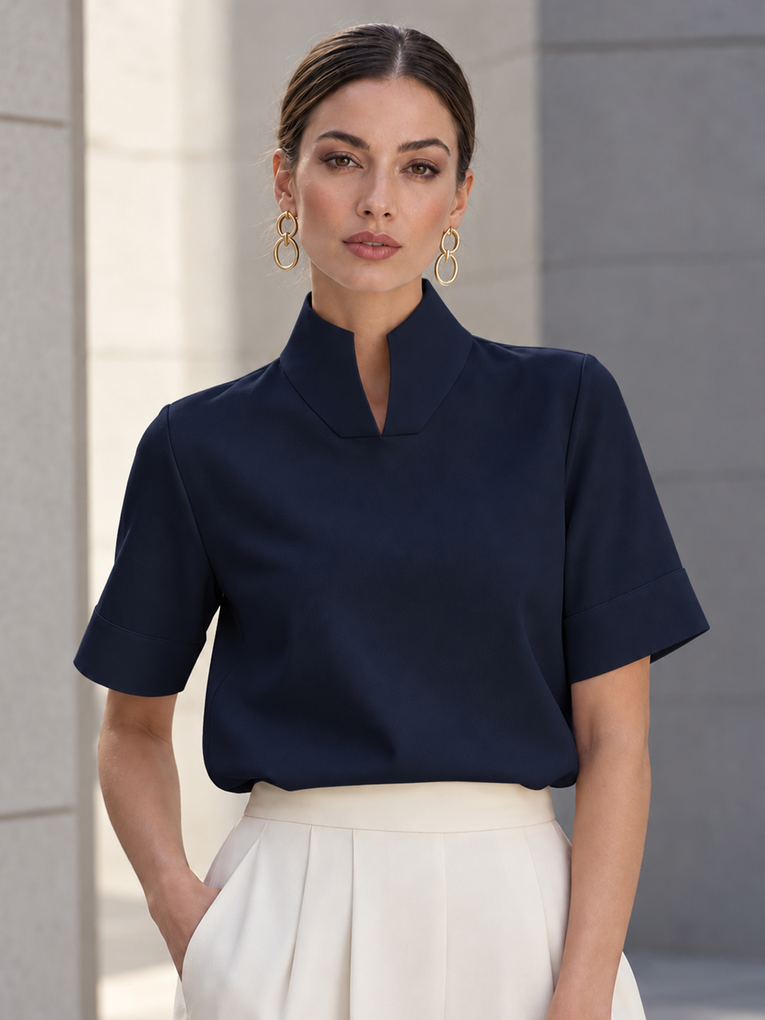 Stand‑Collar Split V Neck Short Sleeve Blouse French Minimalist Work Top for Women