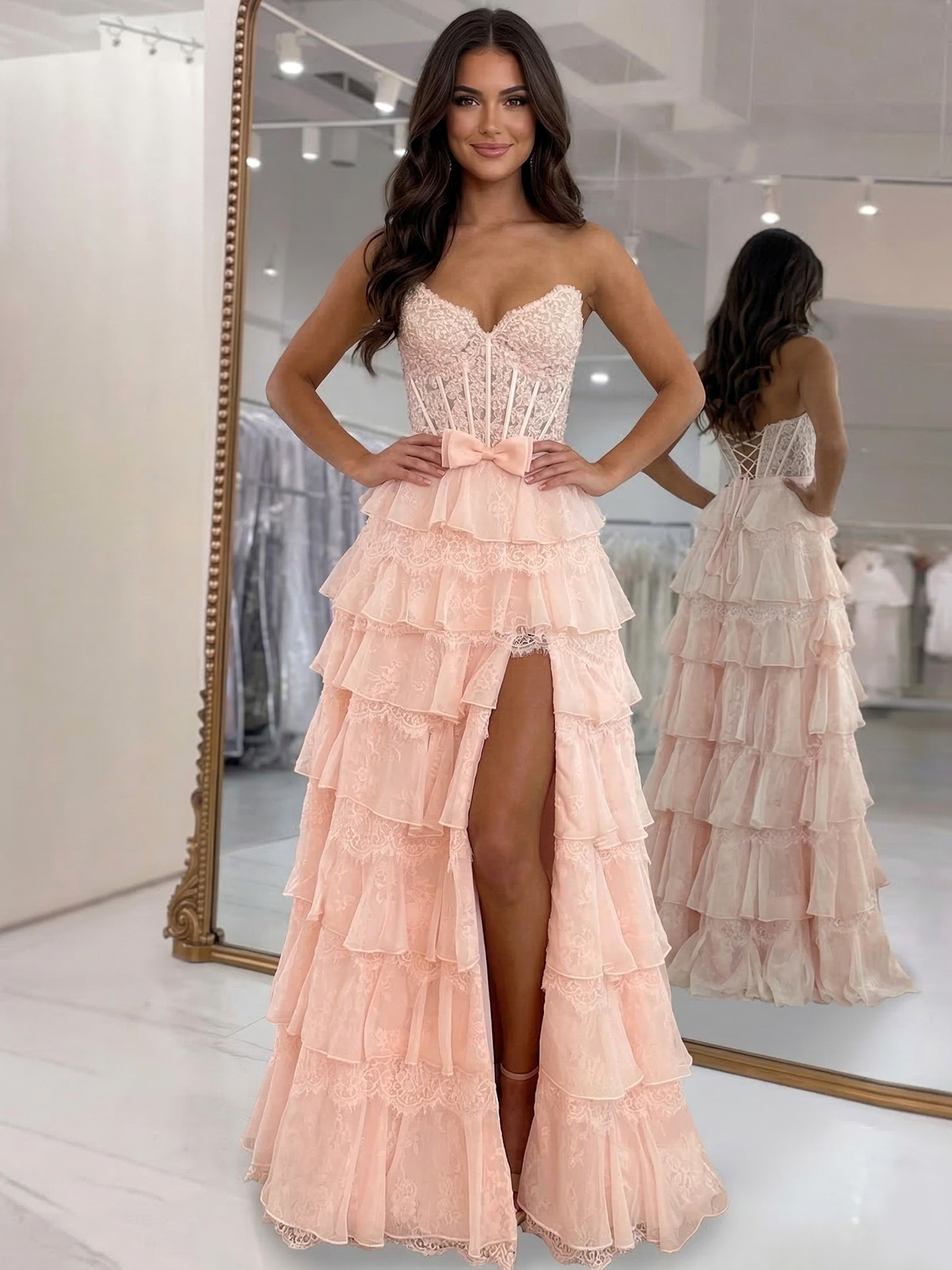 Pink A Line Tiered Applique Chiffon Prom Gowns with Slit