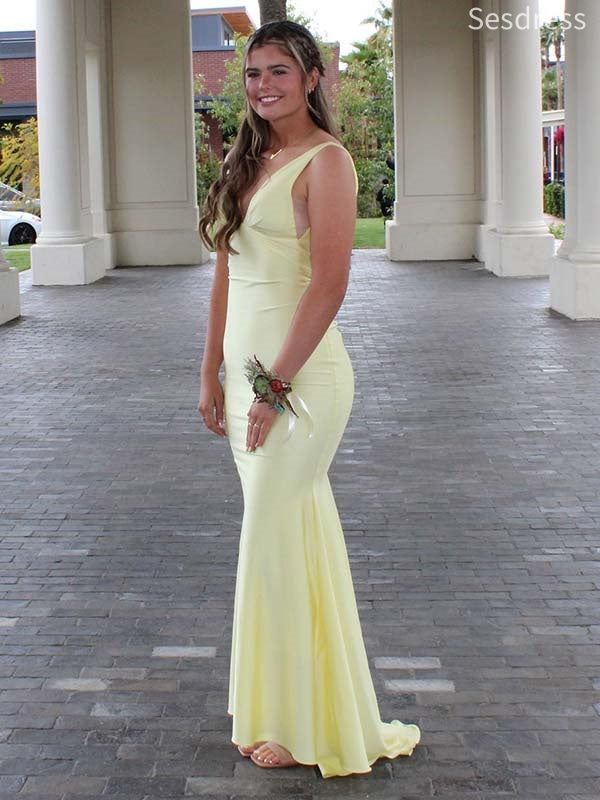 Elegant Yellow V-neck Straps Backless Memraid Wedding Guest Dress,Prom Dress