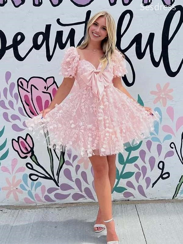 Gorgeous Pink Lace Appliques Sweetheart Bow Tie Short Mini Dress Homecoming Dress