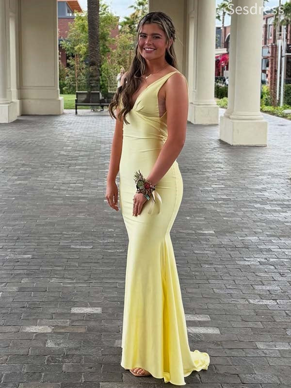 Elegant Yellow V-neck Straps Backless Memraid Wedding Guest Dress,Prom Dress