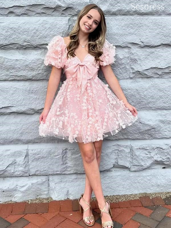 Gorgeous Pink Lace Appliques Sweetheart Bow Tie Short Mini Dress Homecoming Dress