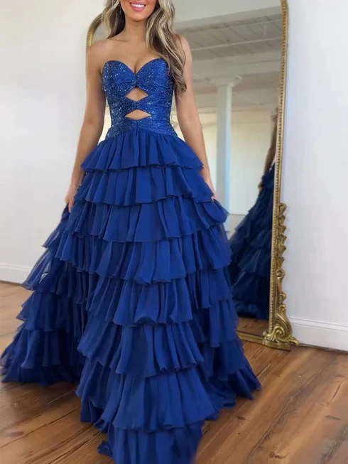 Royal Blue Sweetheart Sparky Sequins Tiered Hollowed Prom Gowns