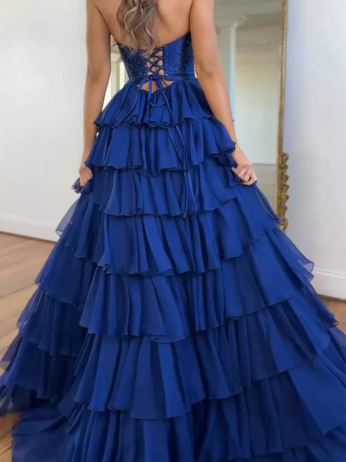 Royal Blue Sweetheart Sparky Sequins Tiered Hollowed Prom Gowns