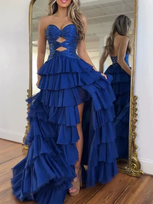 Royal Blue Sweetheart Sparky Sequins Tiered Hollowed Prom Gowns