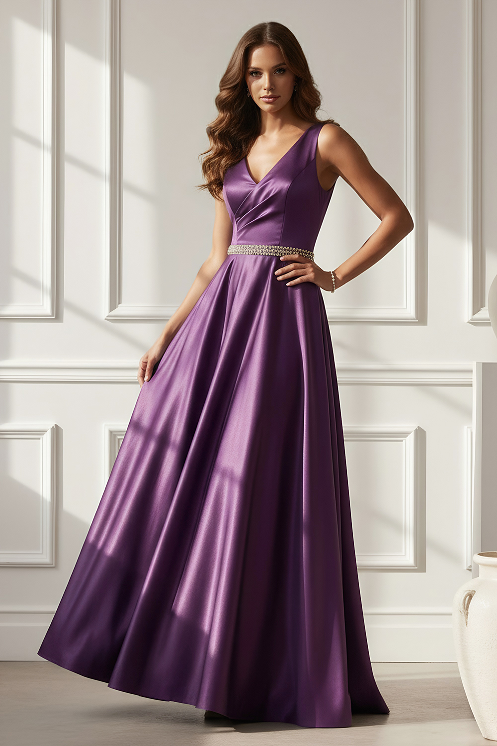 Purple Satin A-Line Evening Gown with Beaded Waist Belt and V-Back