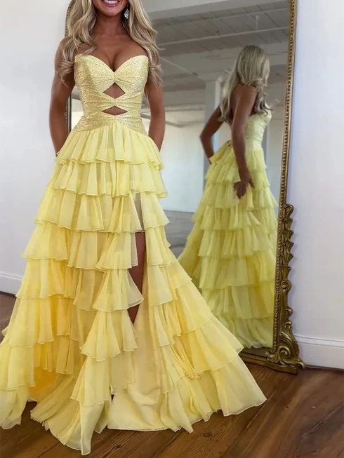 Royal Blue Sweetheart Sparky Sequins Tiered Hollowed Prom Gowns