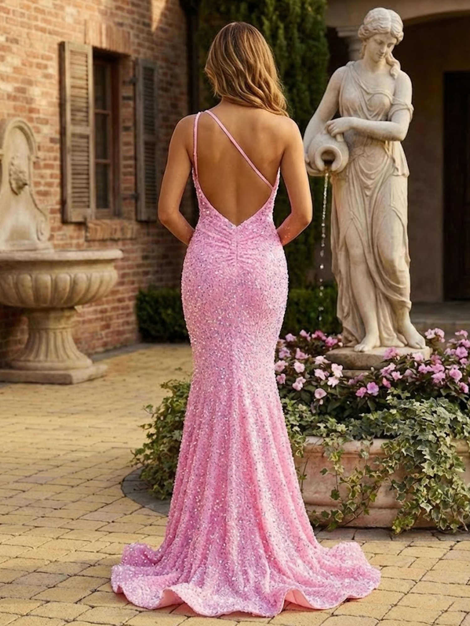 One Shoulder Prom Dresses for Teens Sparky Sequins Mermaid Formal Dress