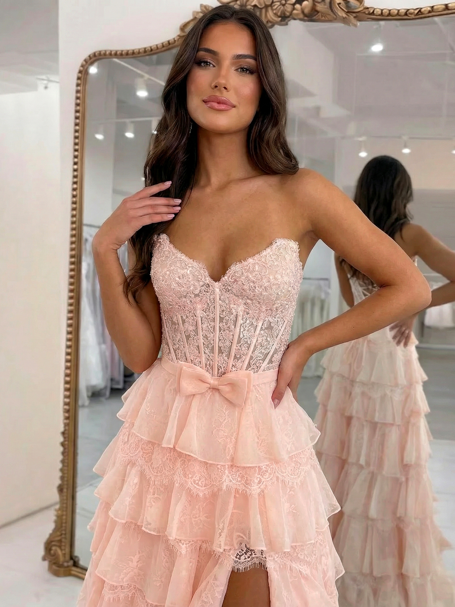 Pink A Line Tiered Applique Chiffon Prom Gowns with Slit