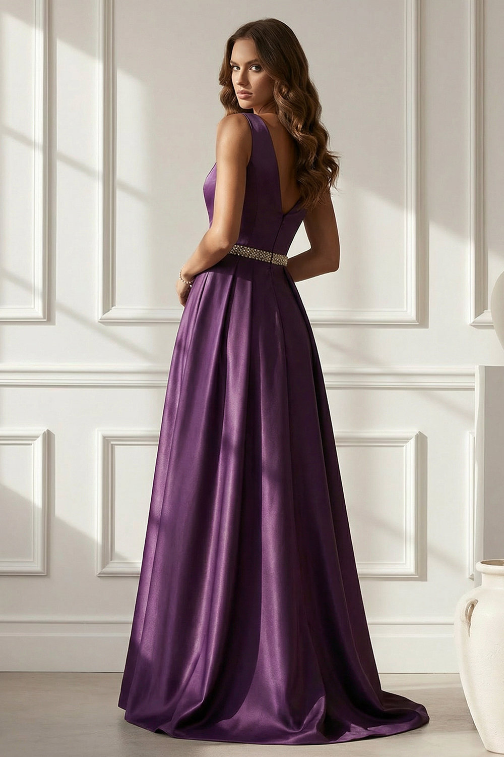 Purple Satin A-Line Evening Gown with Beaded Waist Belt and V-Back