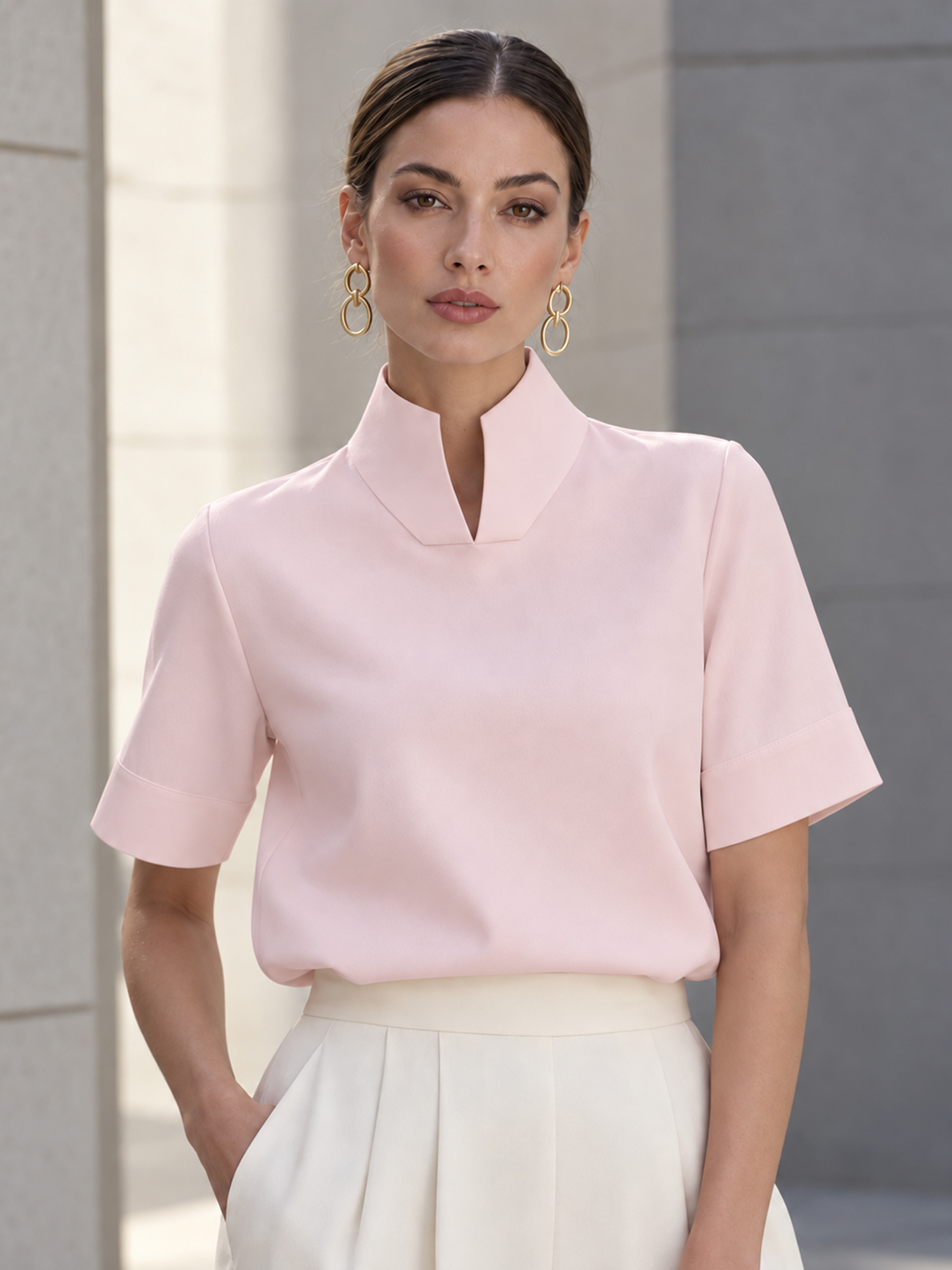 Stand‑Collar Split V Neck Short Sleeve Blouse French Minimalist Work Top for Women