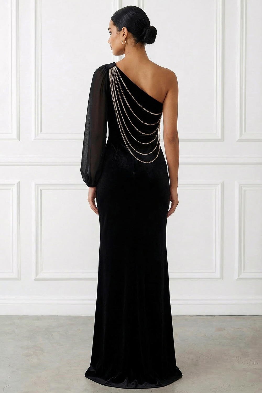 Black Formal Evening Dress Sheath One Shoulder Maxi Dress
