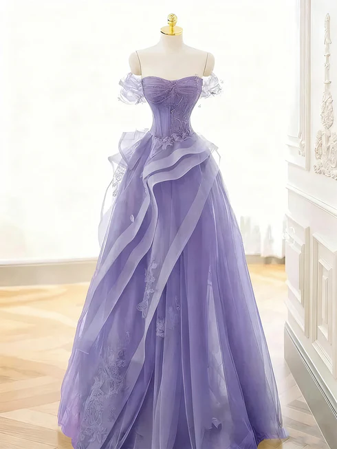 Sage Flowy Off the Shoulder Tulle Princess Prom Dress 