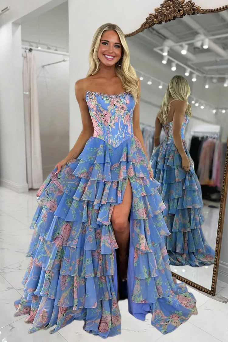Blue Strapless 3D Flower Tiered Prom Gowns with Slit