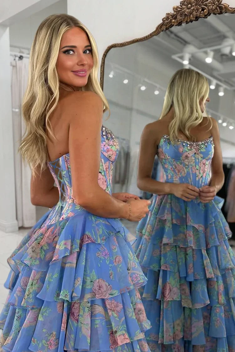 Blue Strapless 3D Flower Tiered Prom Gowns with Slit