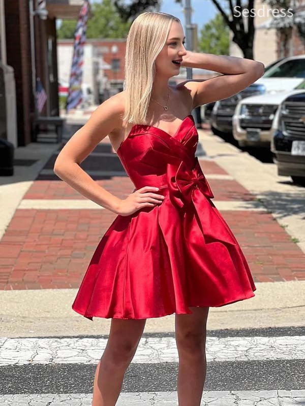 Gorgeous Red Sweetheart Strapless Bow Tie A-line Short Mini Dress Homecoming Dress