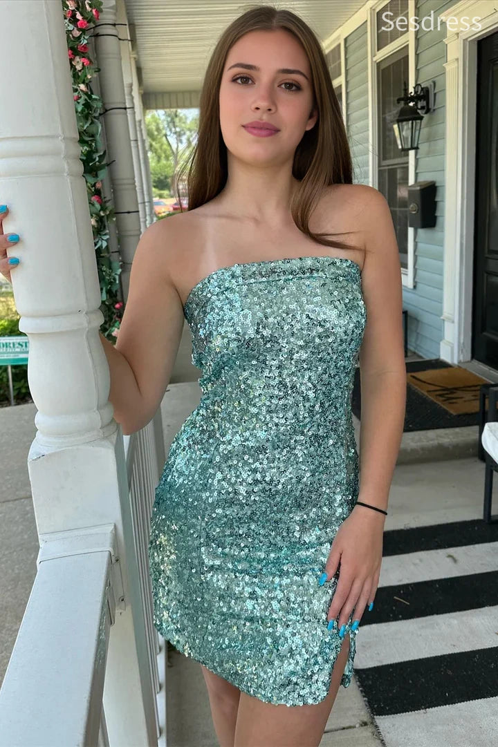 Sparkly Sequins Lake Green Strapless Bodycon Short Mini Dress Homecoming Dress