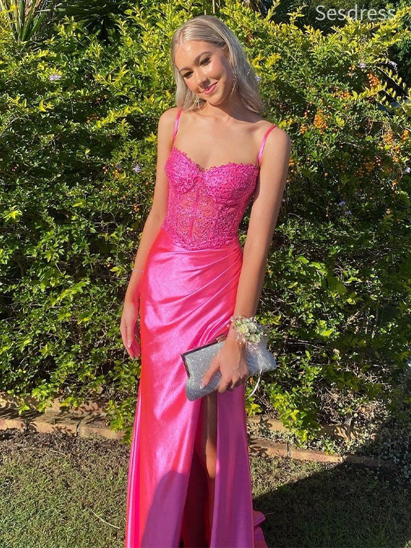 Dragonfruit Sweetheart Spaghetti Strap Lace Appliques Mermaid Side Slit PleatsLong Evening Dress,Prom Dress