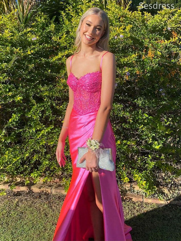 Dragonfruit Sweetheart Spaghetti Strap Lace Appliques Mermaid Side Slit PleatsLong Evening Dress,Prom Dress