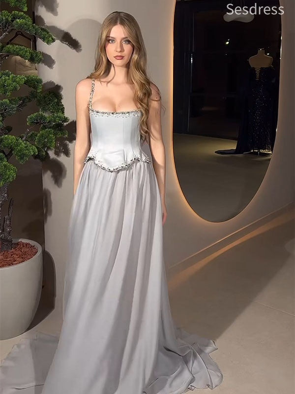 Premium Silver Gray Beaded Spaghetti Strap A-line Long Evening Dress,Prom Dress