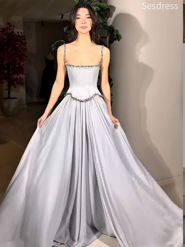 Premium Silver Gray Beaded Spaghetti Strap A-line Long Evening Dress,Prom Dress