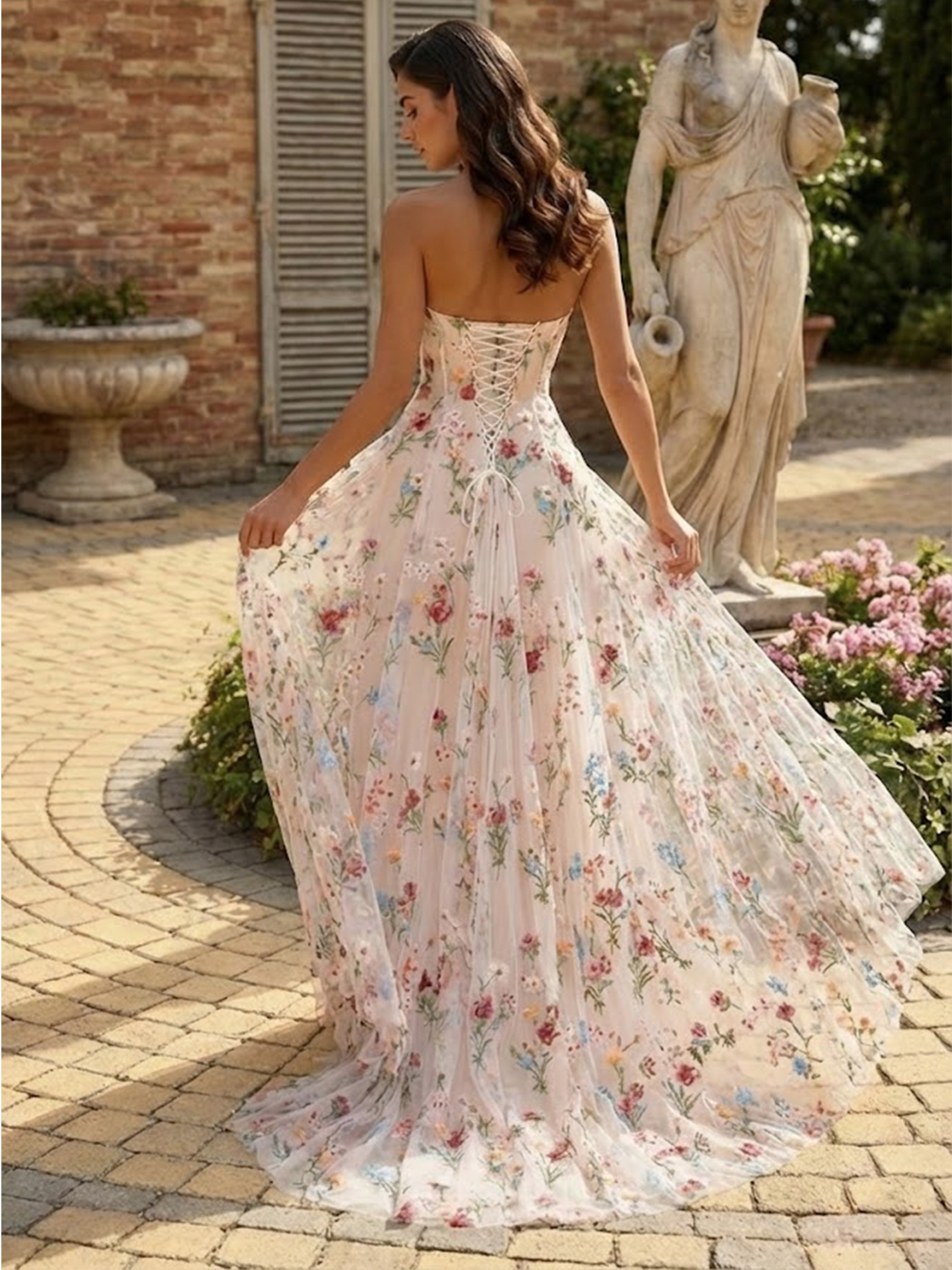 Strapless Floral A Line Prom Dresses for Teens Backless Spring Wedding Guest Dress