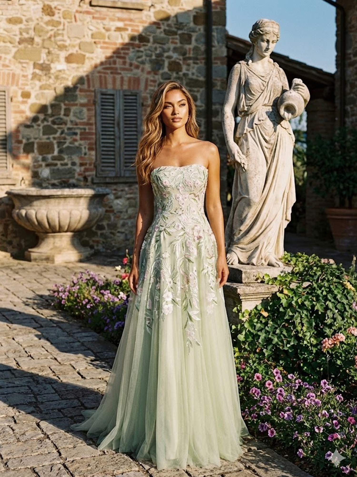 Strapless Prom Dresses with Scarf 3D Flower Slit Wedding Guest Dress