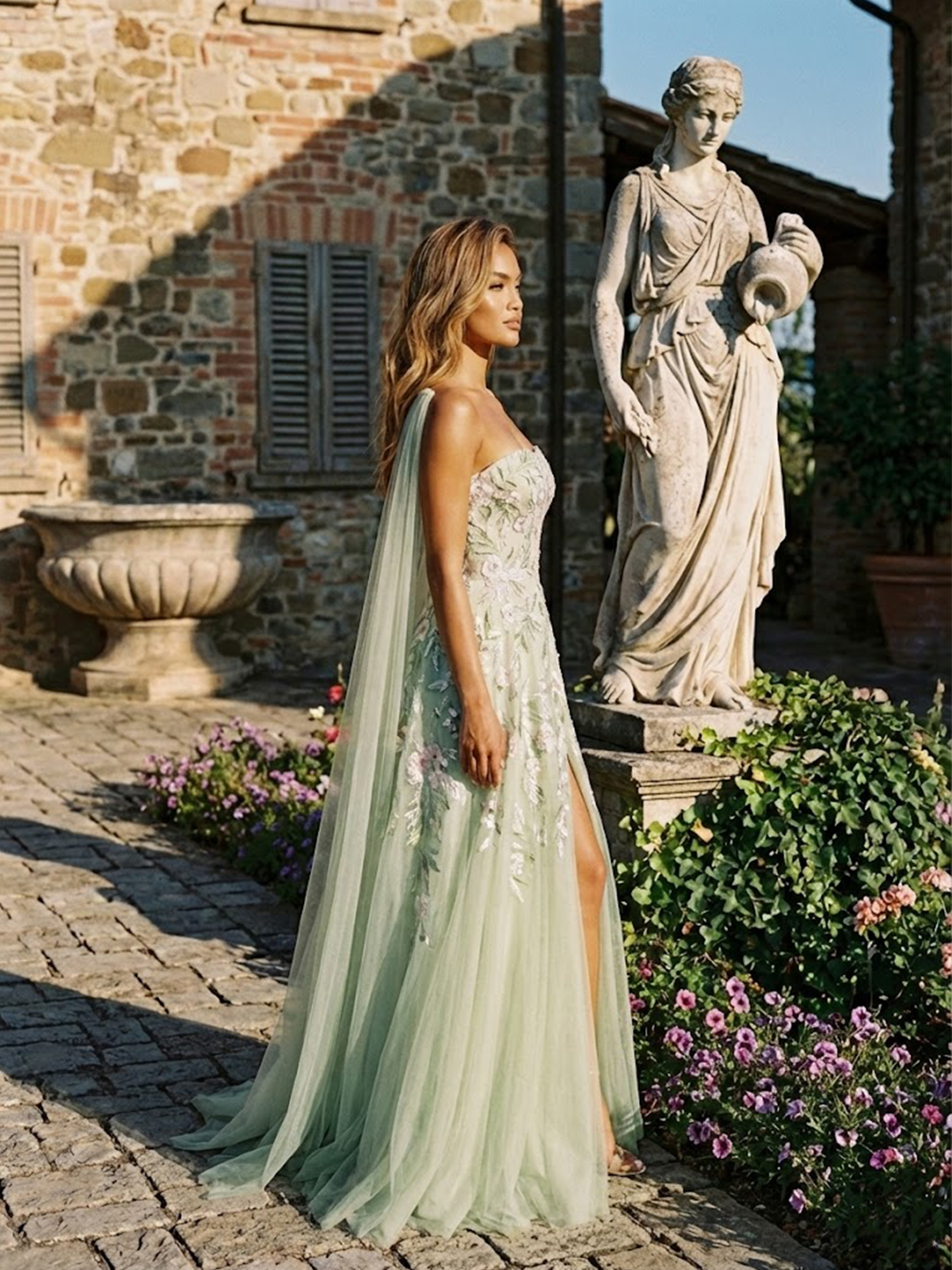 Strapless Prom Dresses with Scarf 3D Flower Slit Wedding Guest Dress