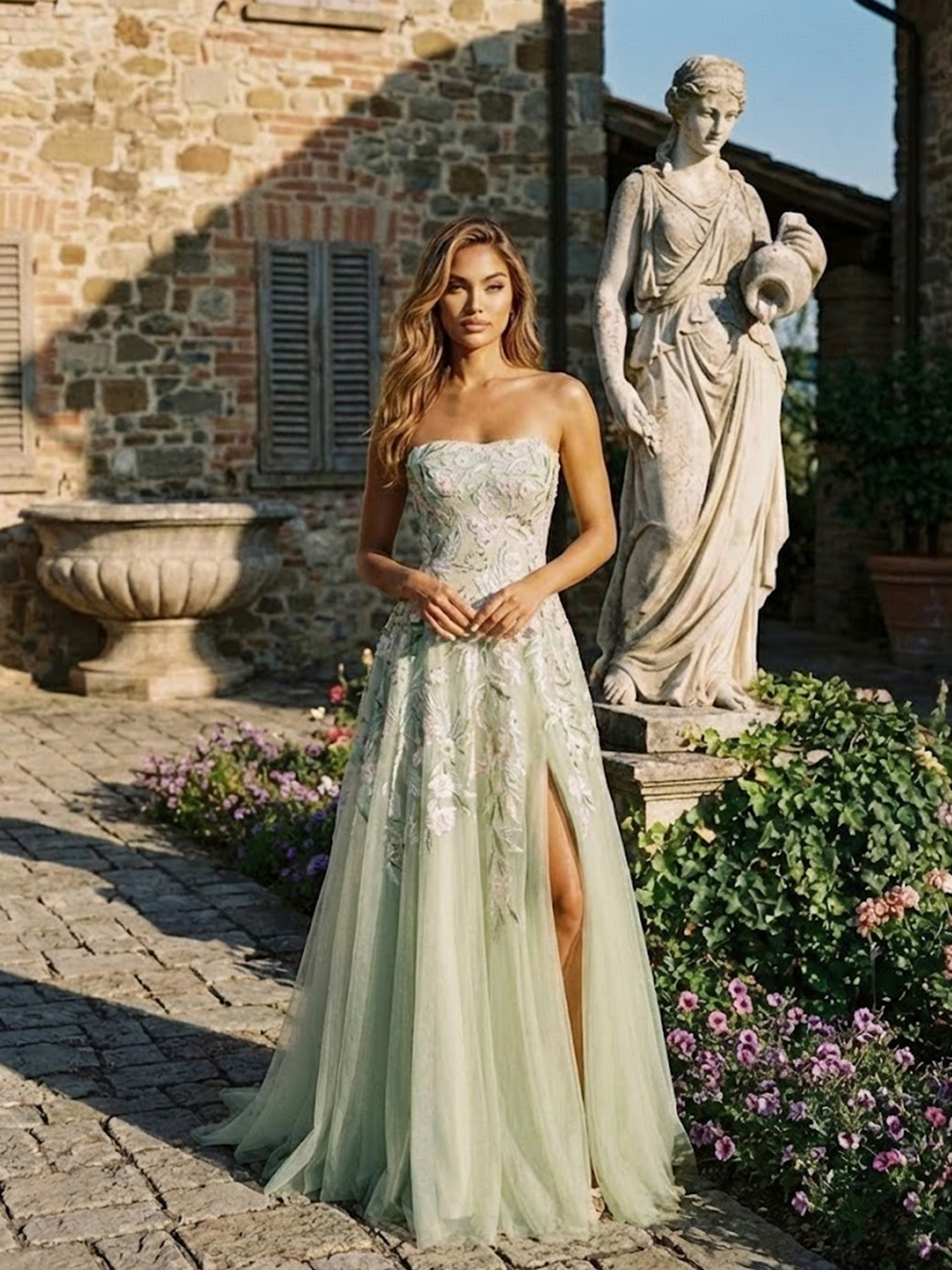 Strapless Prom Dresses with Scarf 3D Flower Slit Wedding Guest Dress