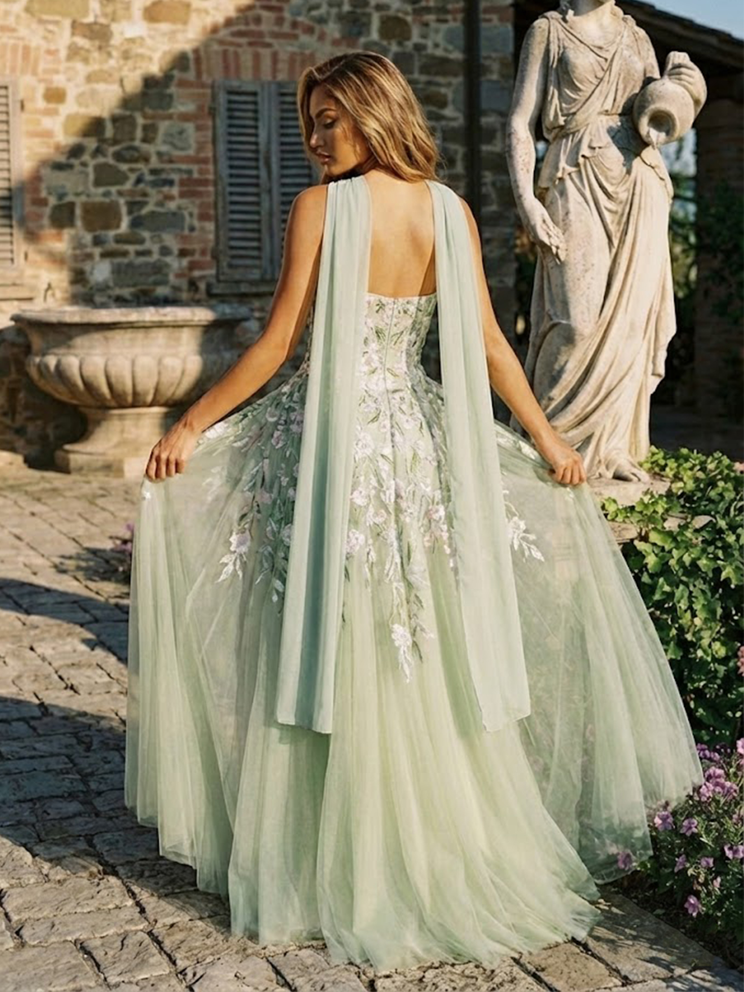 Strapless Prom Dresses with Scarf 3D Flower Slit Wedding Guest Dress