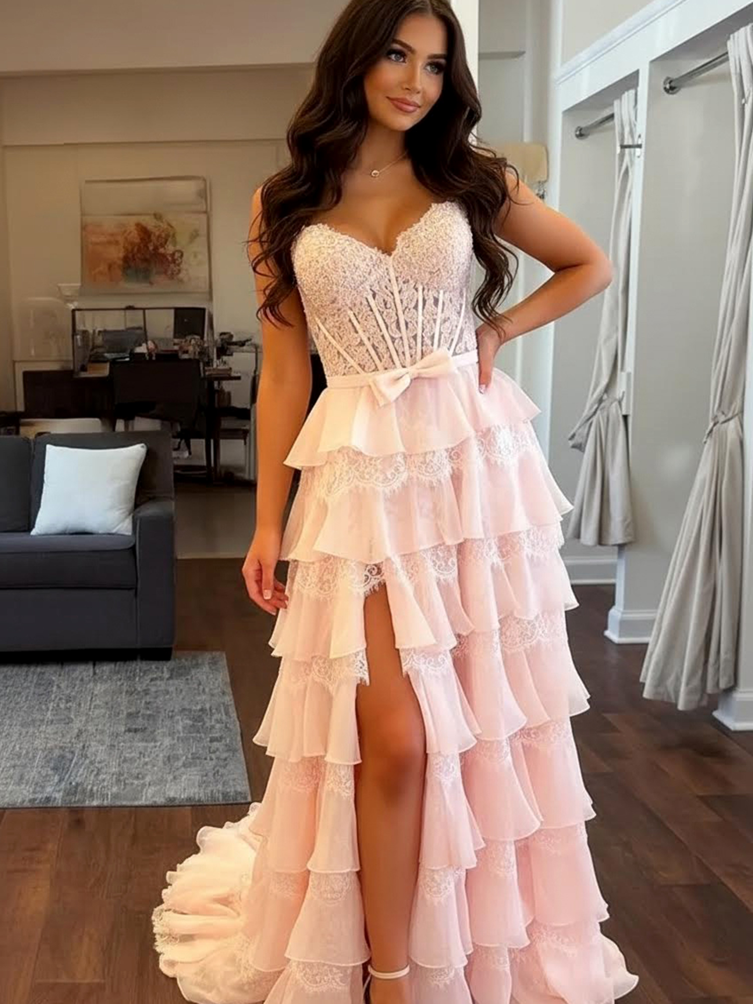 Pink A Line Tiered Applique Chiffon Prom Gowns with Slit