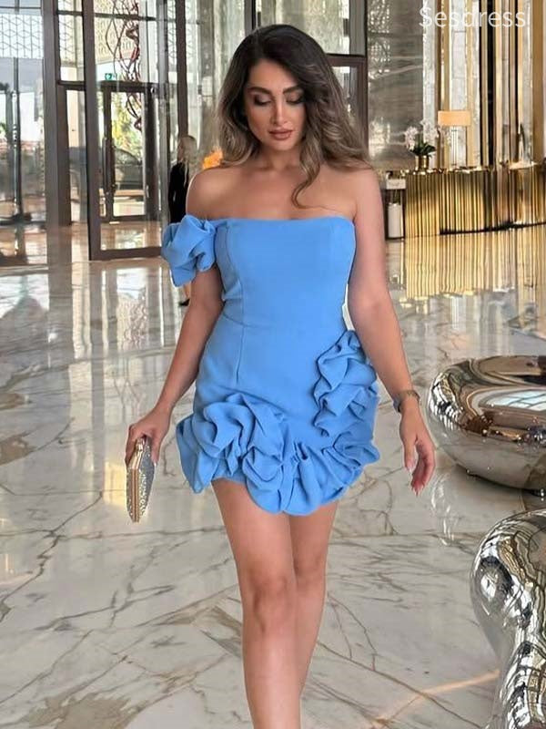 Elegant Satin Blue One Shoulder 3D Flower A-line Short Mini Dress Homecoming Dress