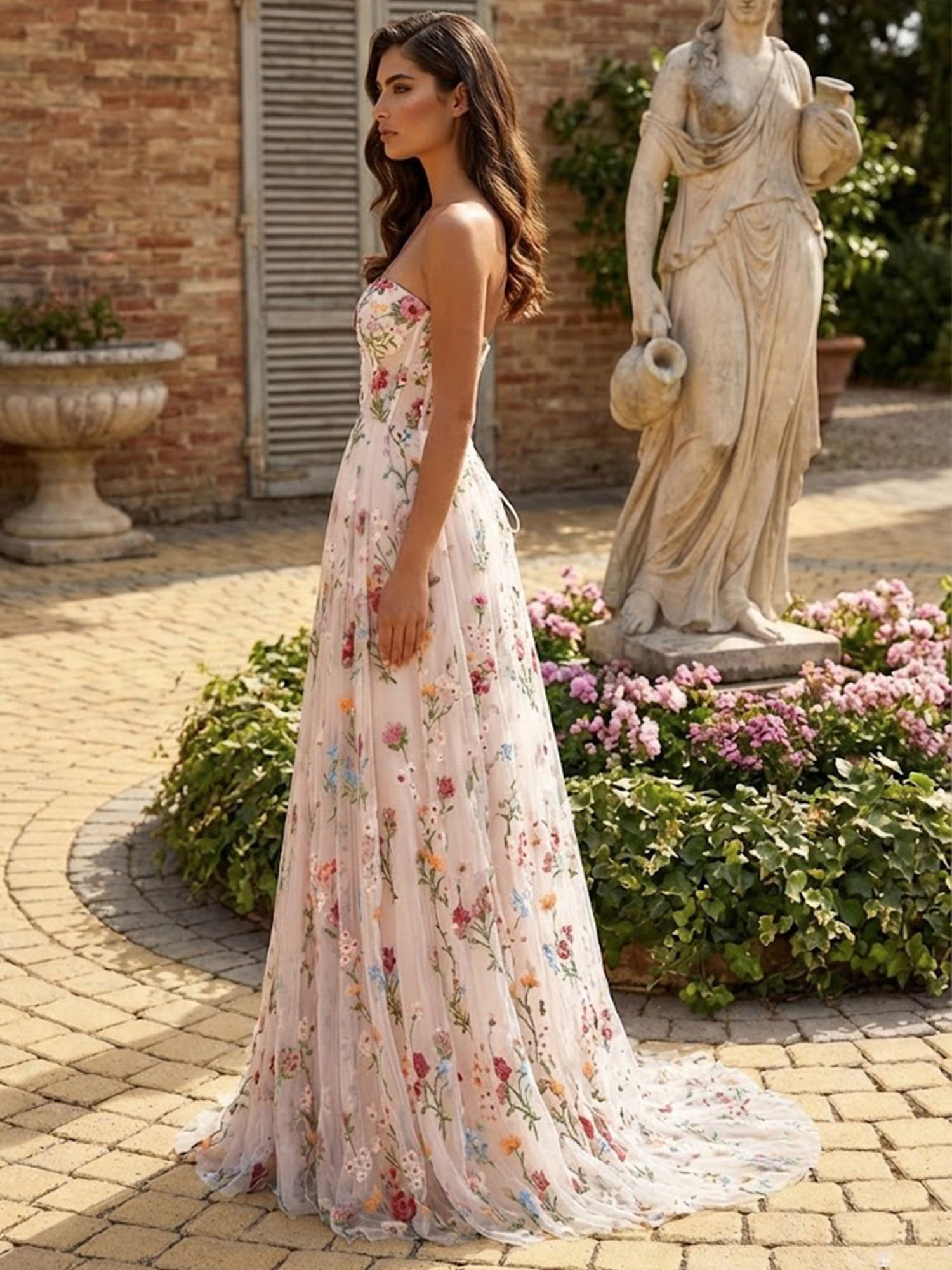 Strapless Floral A Line Prom Dresses for Teens Backless Spring Wedding Guest Dress