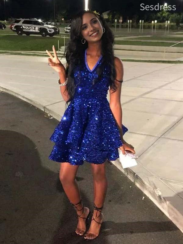 Sparkly V-neck Sequins A-line Short Mini Dress Homecoming Dress