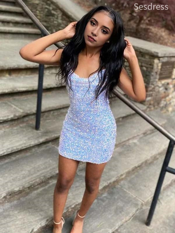 Sparkly V-neck Spaghetti Strap Bodycon Short Mini Dress Homecoming Dress