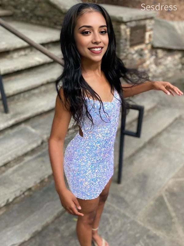 Sparkly V-neck Spaghetti Strap Bodycon Short Mini Dress Homecoming Dress