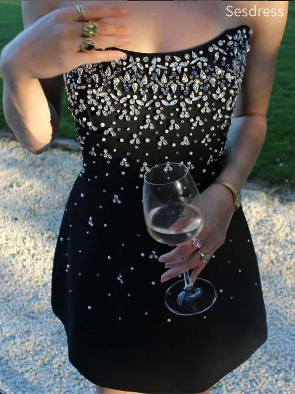 Sparkly Black Beaded Strapless Bodycon Short Mini Dress Homecoming Dress