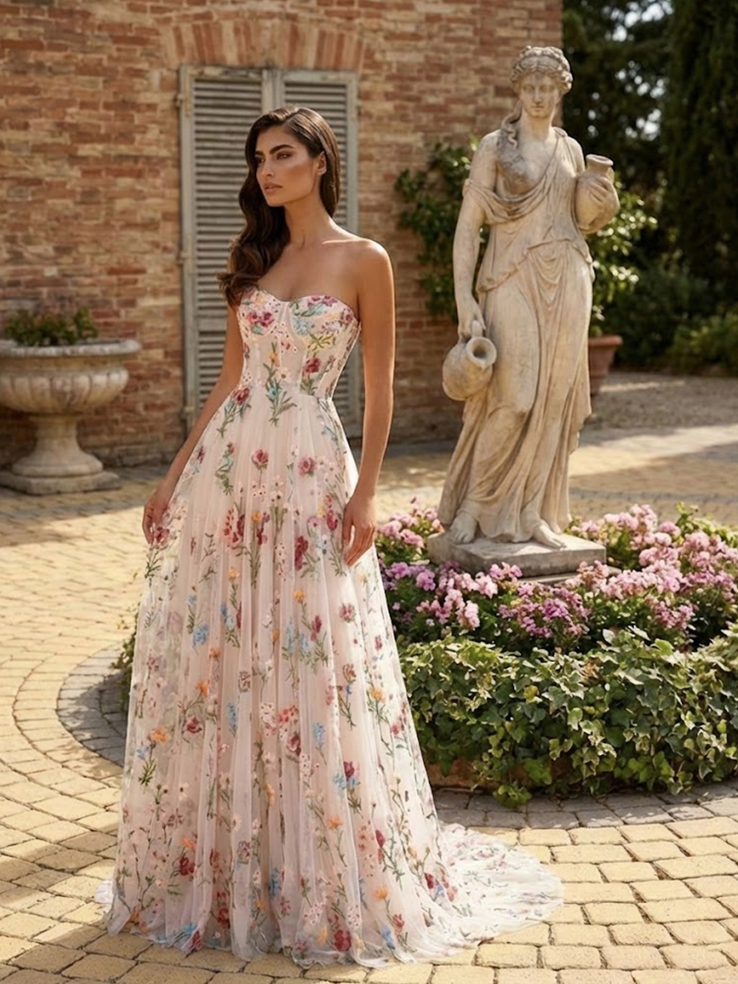 Strapless Floral A Line Prom Dresses for Teens Backless Spring Wedding Guest Dress