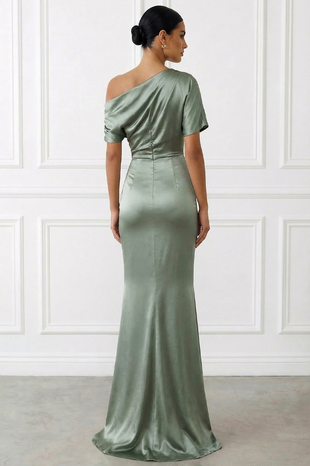 Dusty Sage Formal Dress Mermaid Asymmetrical Neck Satin Maxi Dress