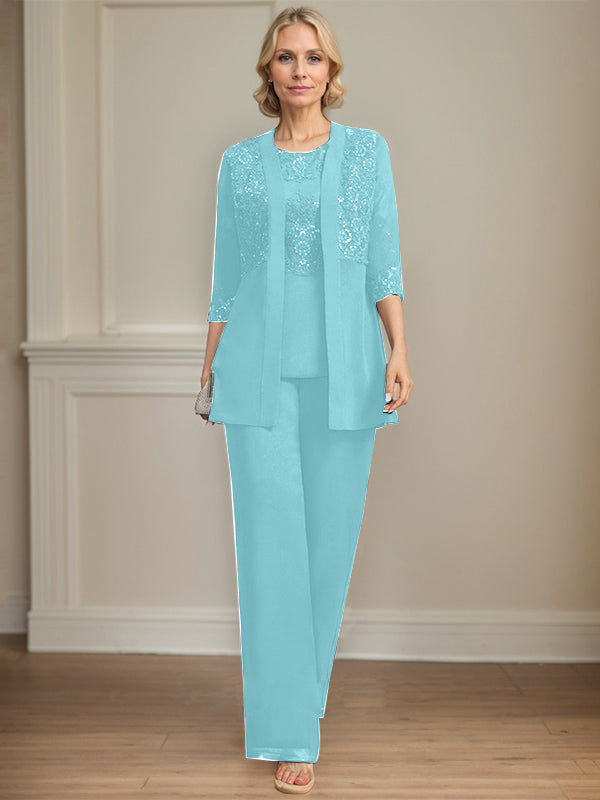 Jumpsuit/Pantsuit Separates Scoop Floor-Length Chiffon Lace Mother of the Bride Dress With Sequins
